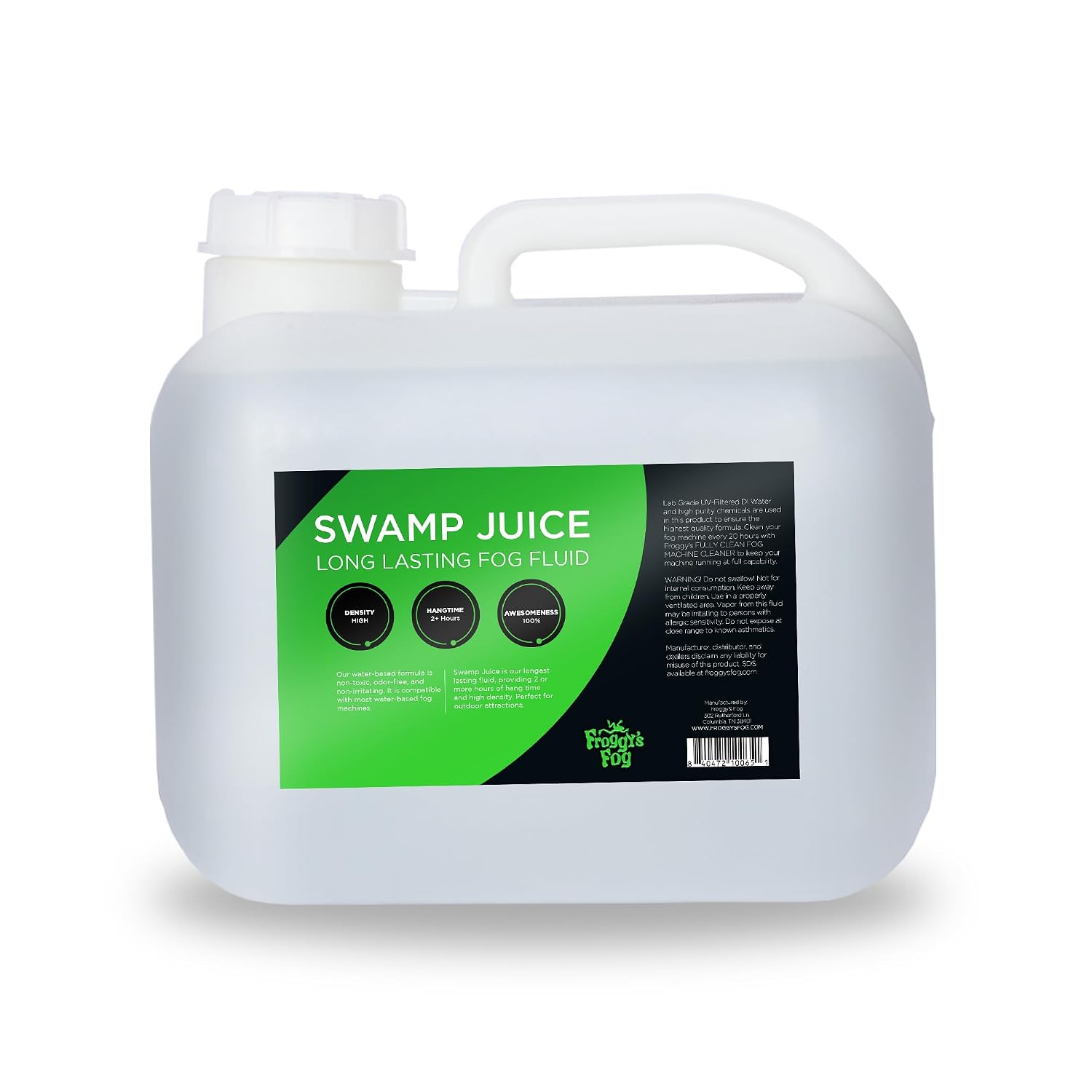 Froggys Fog - Swamp Juice - Ridiculously Long Lasting Fog Fluid - 2-3 Hour Hand Time - 2.5 Gallon Square - For Professional and Home Haunters, Theatrical Effects, DJs