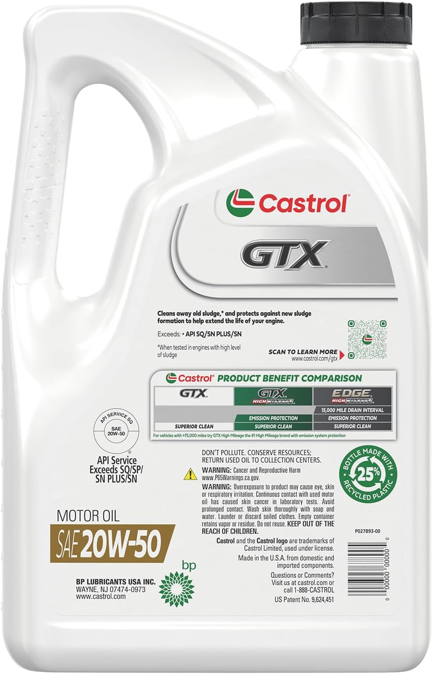 Castrol GTX 20W-50 Conventional Motor Oil, 5 Quarts, Pack of 3