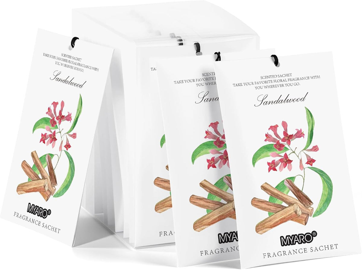 MYARO 12 Pack Sandalwood Scented Sachets, Closet Deodorizer Car Freshener