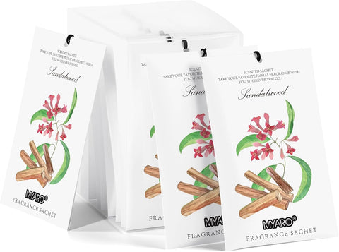 MYARO 12 Pack Sandalwood Scented Sachets, Closet Deodorizer Car Freshener