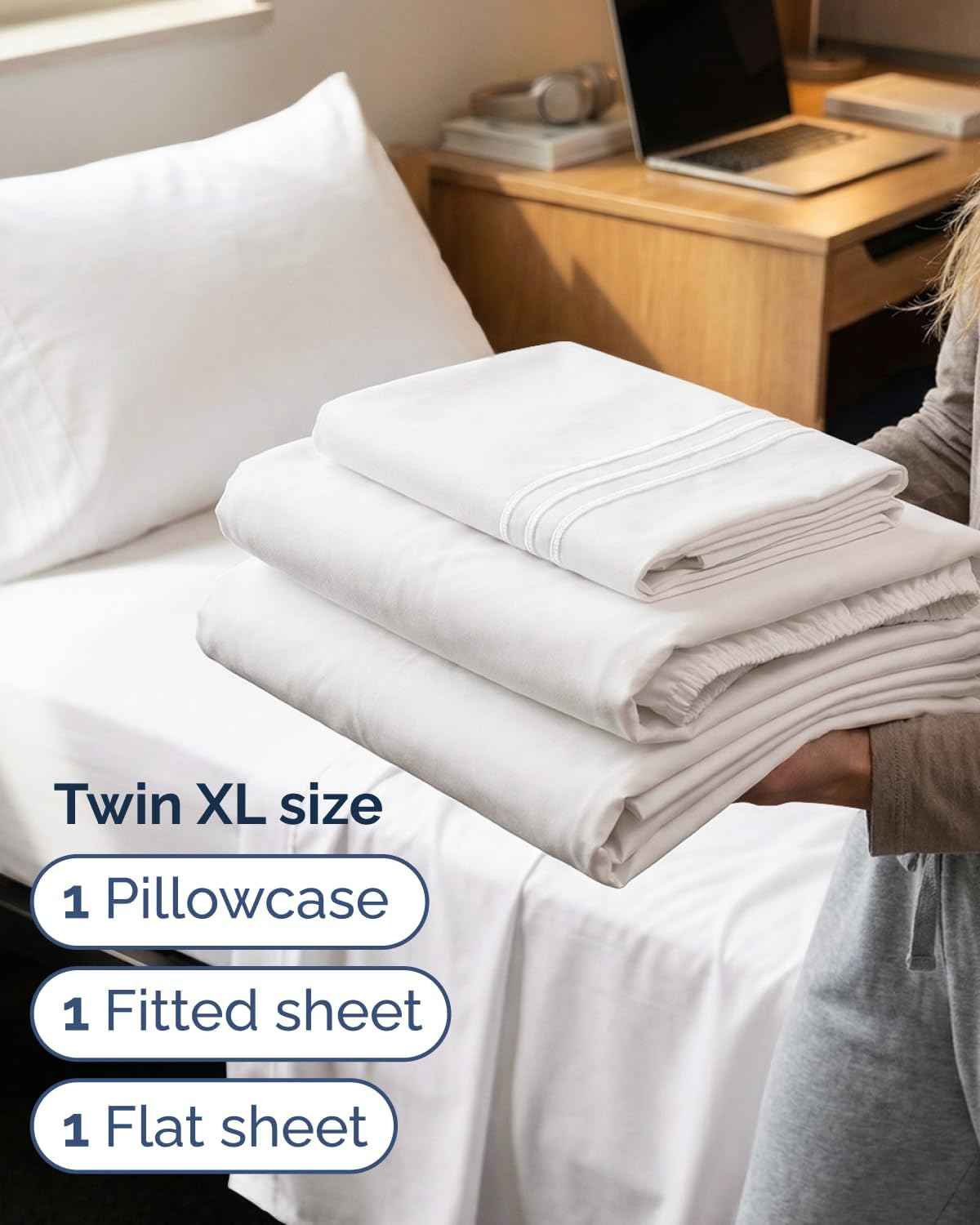 Twin XL 3 Piece Sheet Set - College Dorm Room Essentials - Antique White