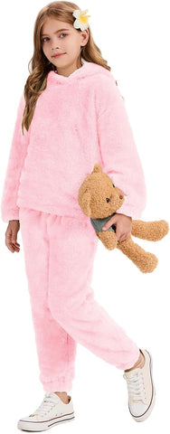 Flygo Girls Fuzzy Pants Set Crop Hoodie and Fleece Pants Sweatsuit