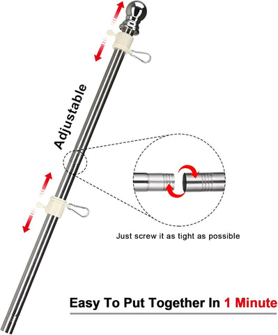 COCONUT 6FT Stainless Steel Tangle Free Flag Pole, for 3x5 American Flag, House Porch Residential Commercial Use, Silver (Bracket Not Included)