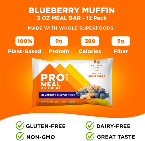 PROBAR MEAL Bar – Plant Based Meal Replacement Bar with Whole Food Ingredients, Oats, Nuts & Seeds, Vegan, Gluten Free, Non-GMO Nutrition Bar for Breakfast, Travel & On-the-Go Energy (Blueberry Muffin, 12 Count)
