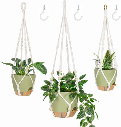 Bouqlife 3 Pack Hanging Planters for Indoor Plants Macrame Plant Hangers with Self Watering Flower Pots, 3 Different Size (Sage Green, Medium)