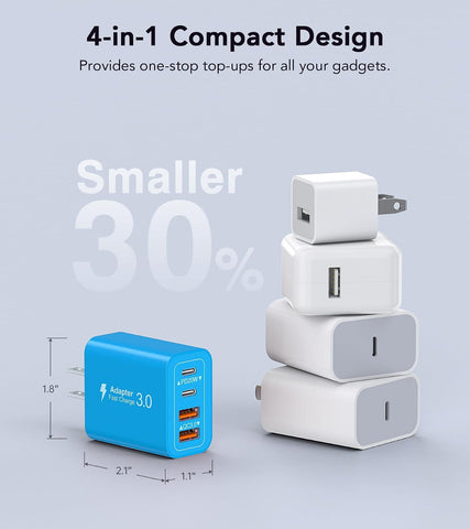 [2-Pack] 40W USB C Charger Block, 4-Port Type C Fast Charging Brick Dual PD&QC Wall Plug Adapter Power Brick for iPhone 13/14/15/16/17/Pro Max Plus/iPad/Airpods/iwatch/Samsung Galaxy (Light Blue)