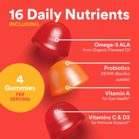 SmartyPants Organic Kids Multivitamin Gummies: Probiotics, Omega 3 (ALA), Vitamin D3, C, Vitamin B12, B6, Vitamin A, K & Zinc for Immune Support, Three Fruit Flavors, 120 Count (30 Day Supply)