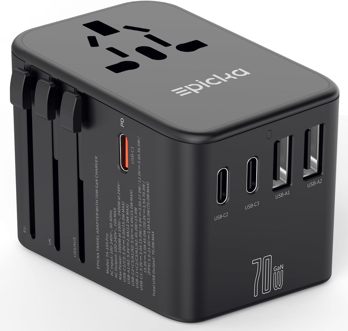 Epicka 70W GaN PD Universal Travel Adapter, 3USB-C/2USB-A
