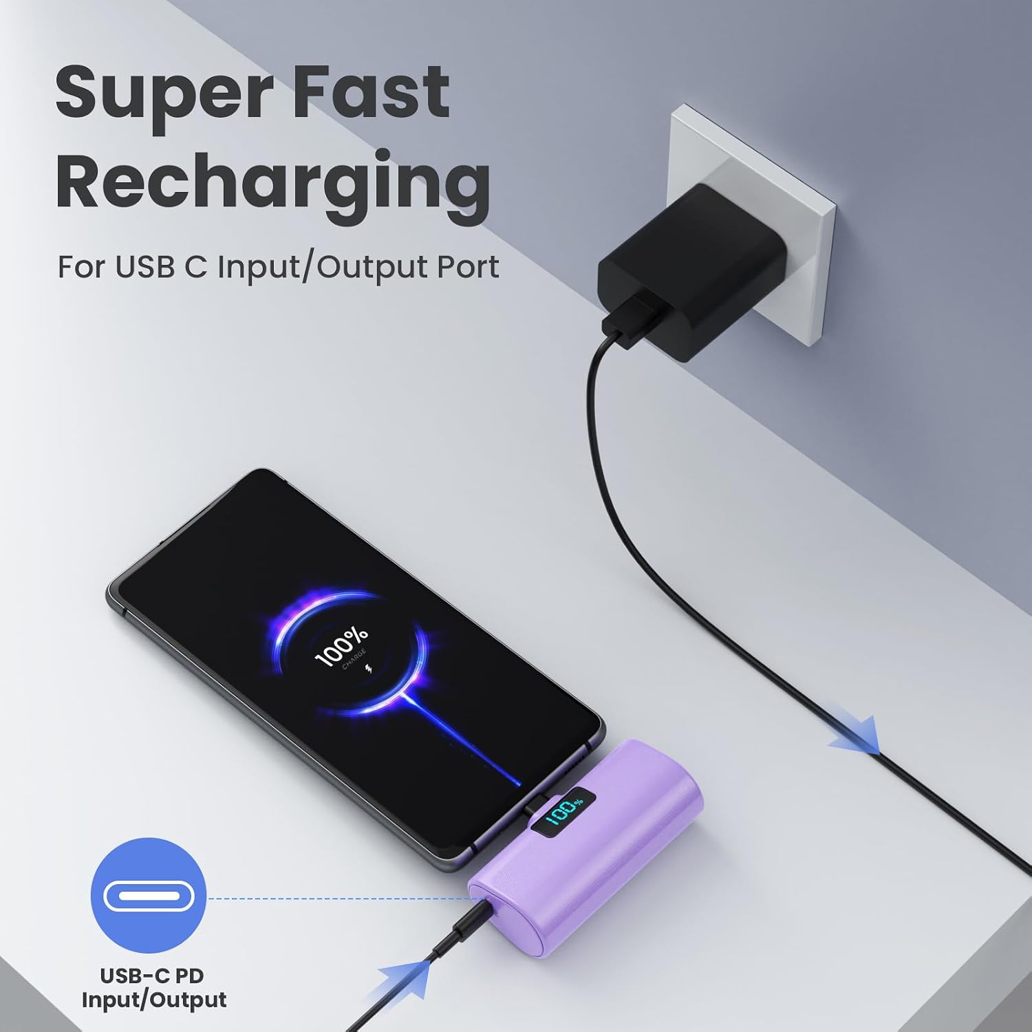 [2-Pack]Portable Charger for iPhone 16/15 Series,5200mAh PD USB C Power Bank Built-in USB-C Connector,Battery Pack Compatible with iPhone 16/16 Plus/16 Pro/16 Pro Max/15 Series,Android (Pink+Purple)