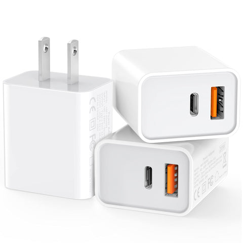 3 Pack USB C Wall Charger, 20W Durable Dual Port QC+PD 3.0 Power Adapter, Double Fast Plug Charging Block for iPhone 13/14/15/16/16 Pro/Pro Max/Plus, XS/XR/X, Watch Series 8/7 Cube，White