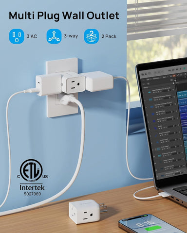 TROND Multi Plug Wall Outlet Extender 2 Pack, Small Outlet Splitter, White