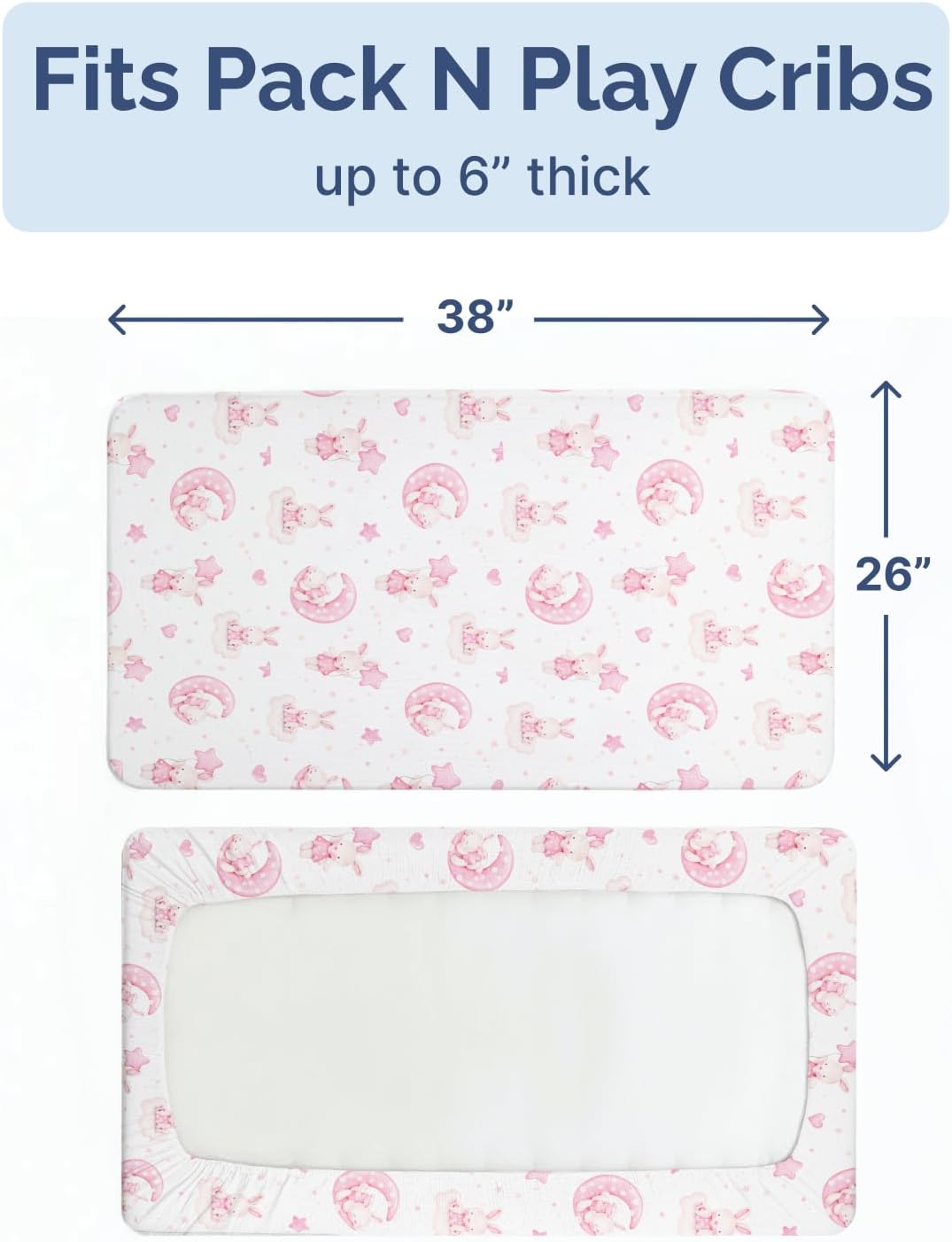 2-Pack Pack N Play Sheets - Playard Sheets - 38 x 26in, Bunny Dream