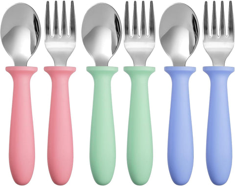 Toddler Flatware Sets 12 Piece Dark Kids Forks and Spoons Stainless Steel Utensils with Easy Grip Handles for Self Feeding Baby Children Boys Girls