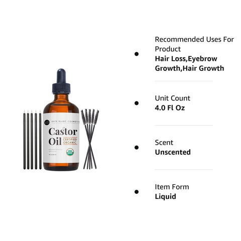 Kate Blanc Cosmetics Organic Castor Oil (4oz). 100% Pure, Cold Pressed, Hexane Free in a Glass Bottle. Stimulate Growth for Eyelashes, Eyebrows, Hair. Skin Moisturizer & Oil Cleanse with Starter Kit