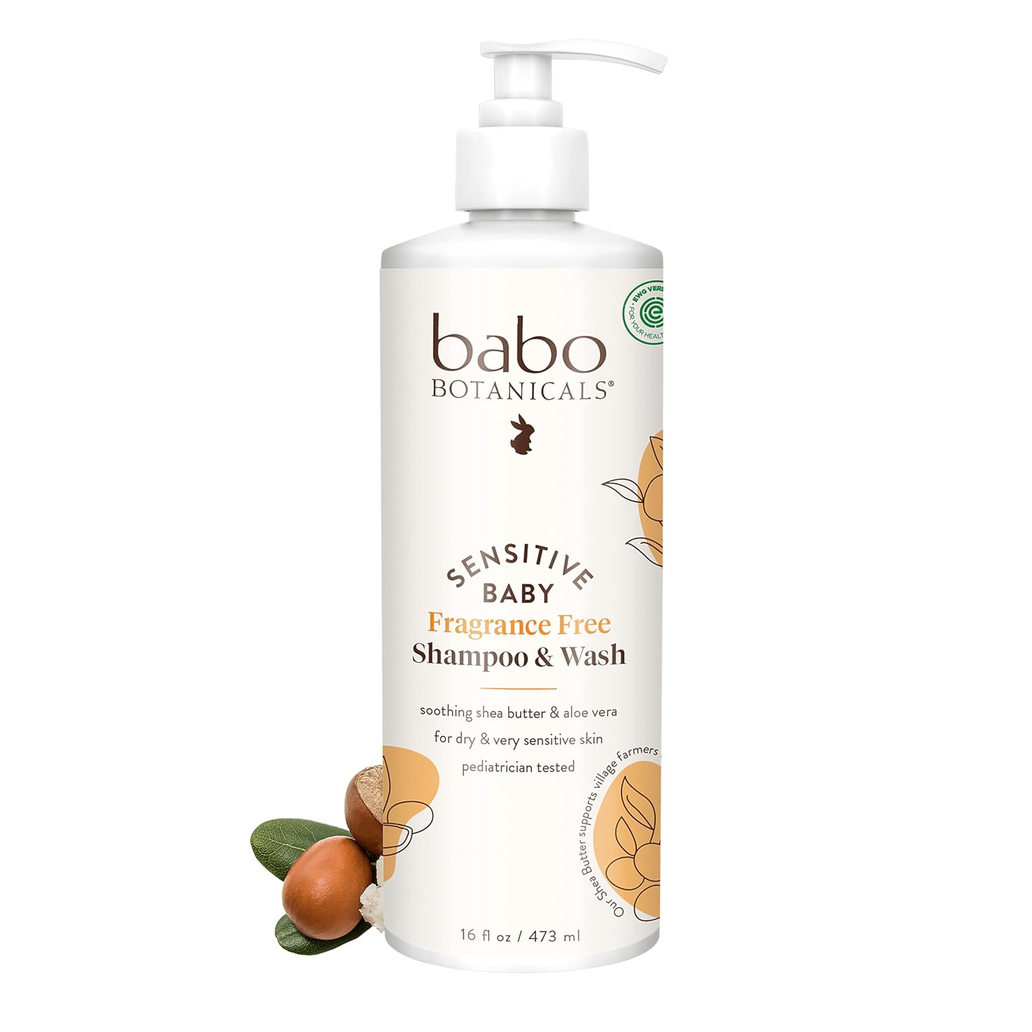Babo Botanicals Sensitive Baby Fragrance-Free 2-in-1 Shampoo & Wash - Shea Butter, Calendula & Aloe Vera - EWG Verified - Cruelty-Free - Vegan - Pediatrician Tested - For Babies & Kids