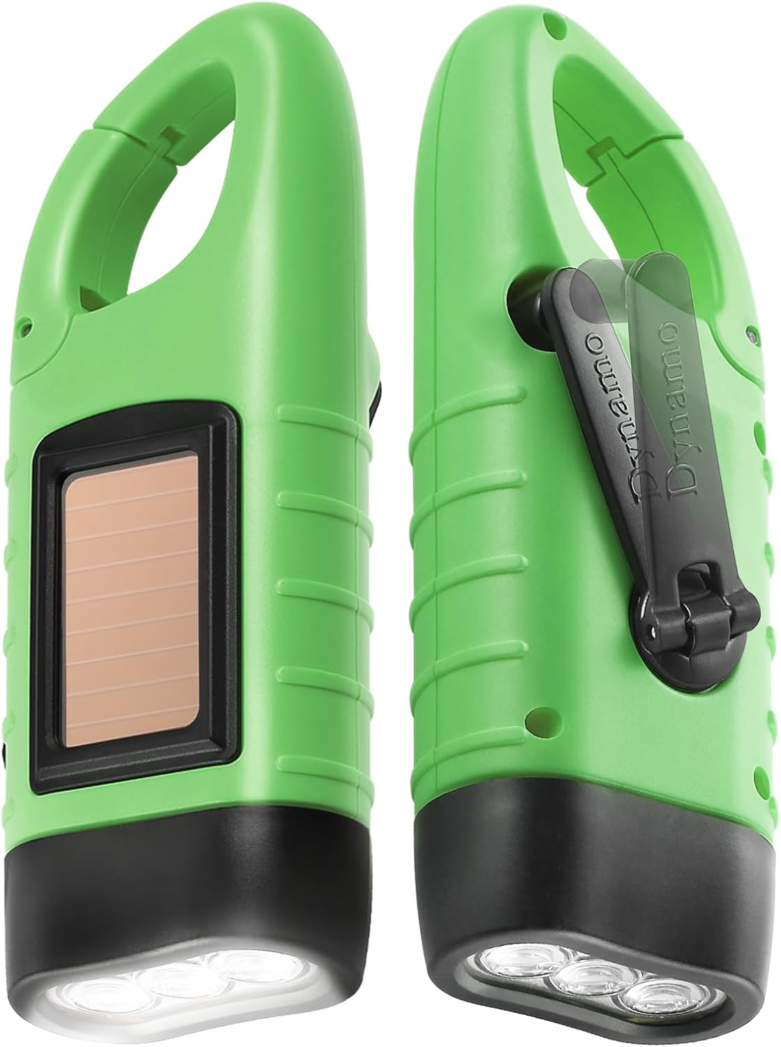 Simpeak 2-Pack Hand Crank Solar Powered LED Flashlight, Emergency Survival Flashlight with Dynamo Carbiner, Light Green