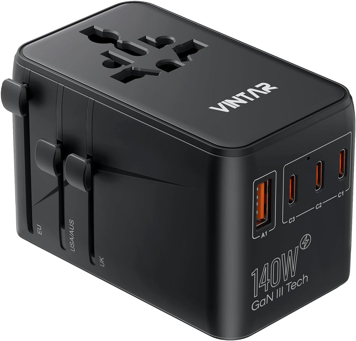 VINTAR Universal Travel Adapter, 140W GaN Fast Charger for EU UK US AU