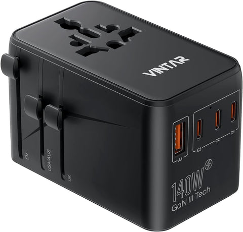 VINTAR Universal Travel Adapter, 140W GaN Fast Charger for EU UK US AU
