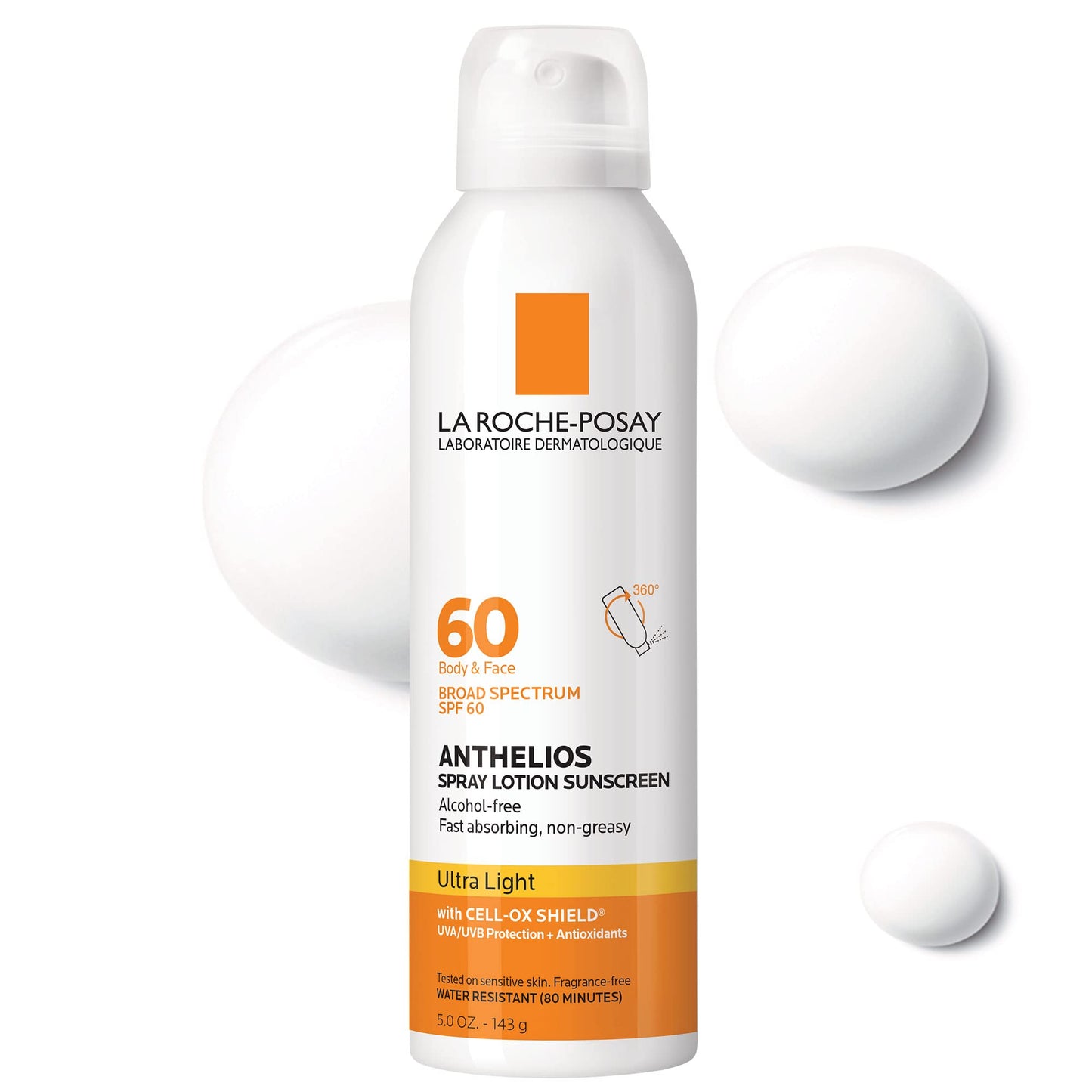 La Roche-Posay Anthelios Ultra-Light Sunscreen Spray Lotion SPF 60 | Spray Sunscreen For Face & Body | Broad Spectrum SPF + Antioxidants | Oil Free | Alcohol Free | Water Resistant 80 Min. | 5 Fl. Oz.