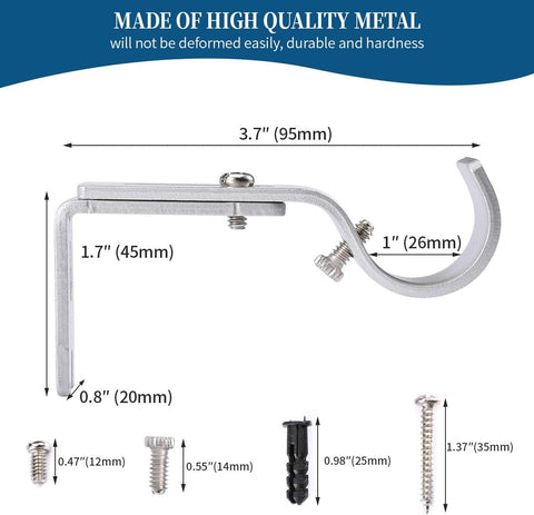 Heavy Duty Adjustable Curtain Rod Brackets Rod Holders for 1 Inch Rod, Silver Color, (Set of 2)