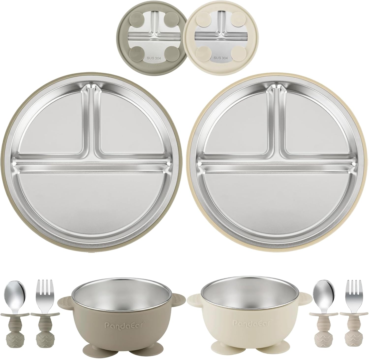 PandaEar 8PCS Baby Feeding Set | Stainless Steel Suction Plates and Bowls with Silicone Fork and Spoon Utensils | Baby Led Weaning Tableware for Toddlers & Kids (Tan & Walnut)