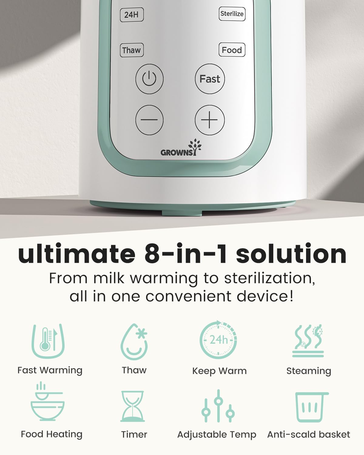 Grownsy 8-in-1 OG Fast Bottle Warmer with Timer, Green