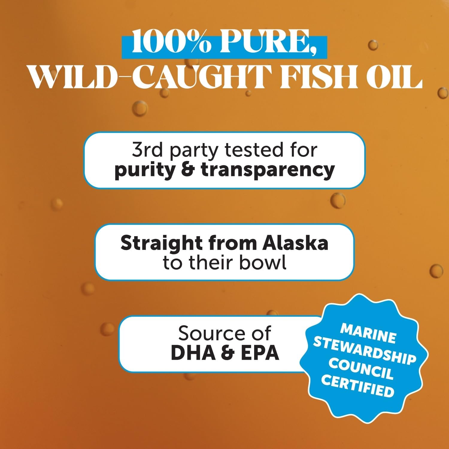 Omega 3 Fish Oil for Dogs and Cats - Liquid Fish Oil for Dogs Skin and Coat Supplement, Dog Omega 3 Fish Oil Supplement EPA + DHA, Wild Caught Pollock & Cod Oil for Dogs for Skin + Coat Health (32oz)