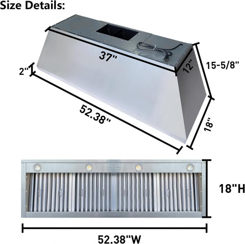 54 Inch Built-In/Insert Range Hood, 4-Speed 1260 CFM, Stainless Steel Under Cabinet Range Hood Kitchen Vent Hood with Liner and Internal Motor, 8" Duct, Adjustable Lights, Baffle Filter