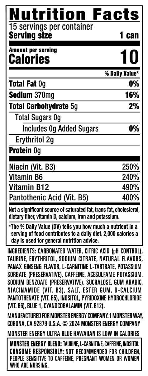 Monster Energy Ultra Blue Hawaiian, Sugar Free Energy Drink, 16 Ounce | Pack of 15