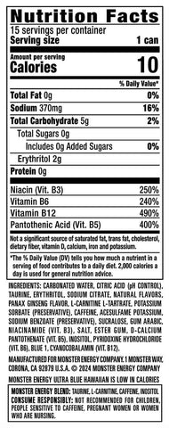 Monster Energy Ultra Blue Hawaiian, Sugar Free Energy Drink, 16 Ounce | Pack of 15