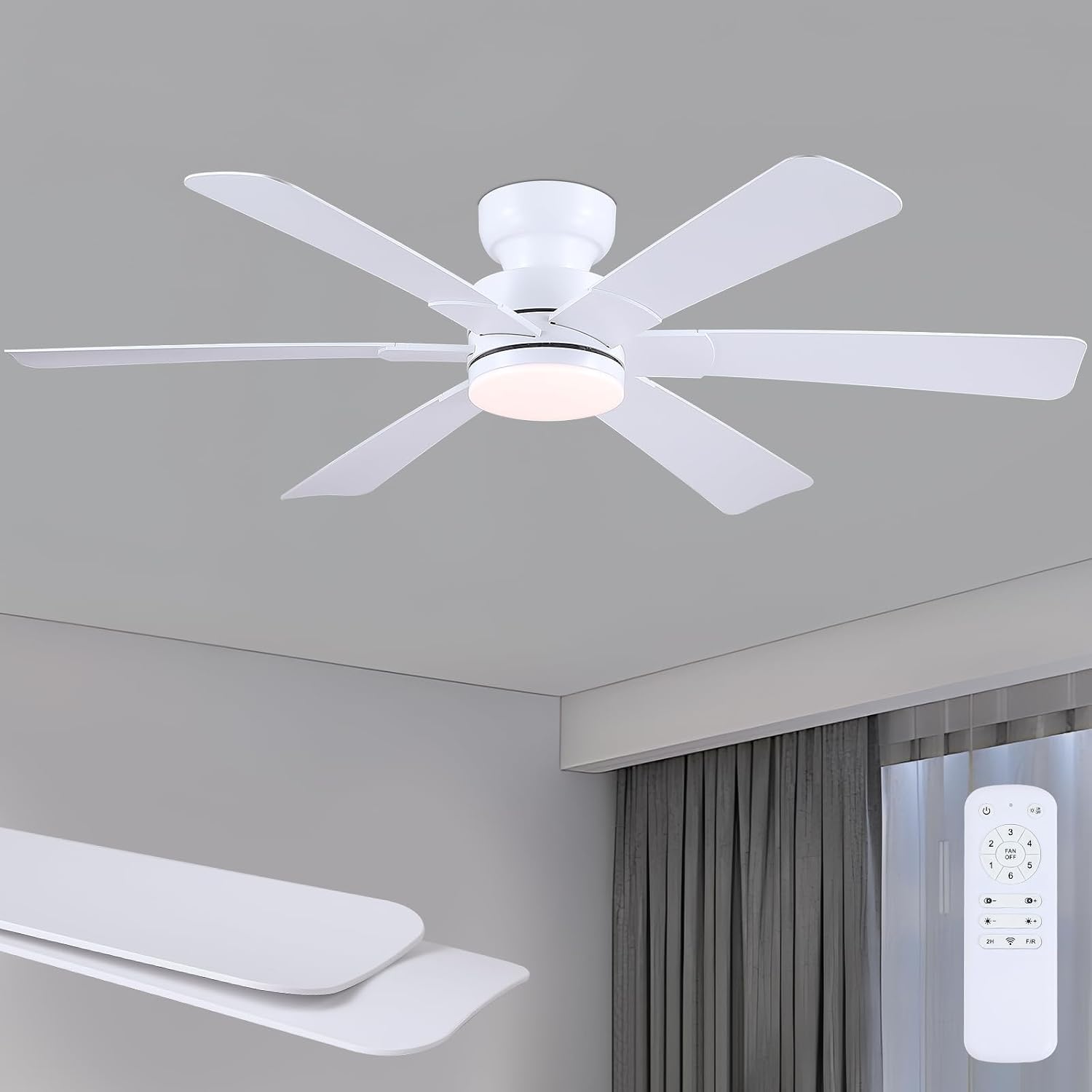 Asyko 52" White Modern Low Profile Ceiling Fan with LED Light and Remote
