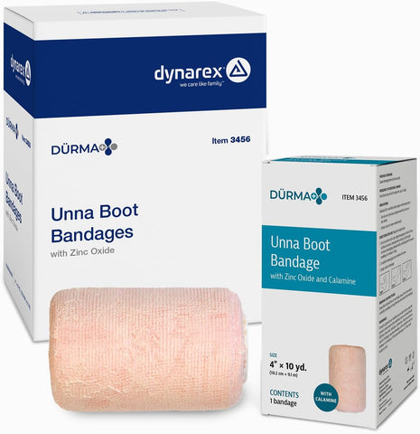 Dynarex Dürma+ Unna Boot Bandages with Zinc Oxide and Calamine - Provides Compression with Soothing Formula for Leg Ulcers, Edema, Sprains - 4" x 10 yds - Case of 12 Rolls