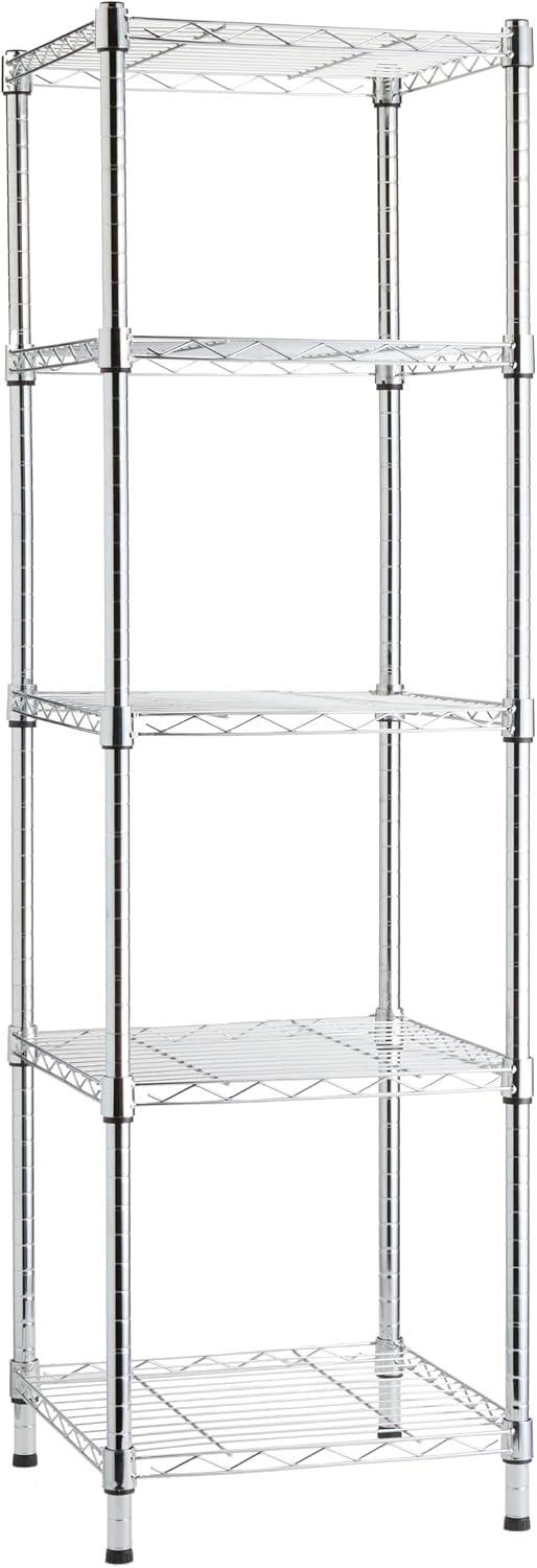Amazon Basics 5-Shelf Tower Adjustable Storage Shelving Unit, Chrome, 16" x 16" x 54", 150 lbs Per Shelf