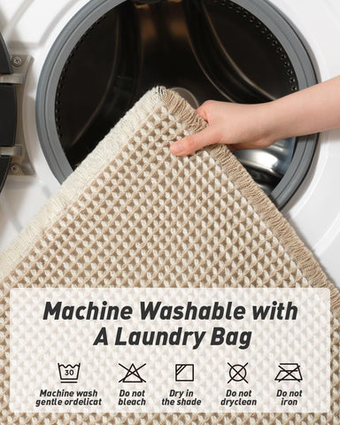 AMOAMI Upgraded Waffle Runner Rug Super Absorbent Non Slip Bath Mats for Bathroom Machine Washable Bathroom Runner Rug with Tassels, Ideal for Hallway Bedroom Laundry Room, 2' x 5', Brown & Cream