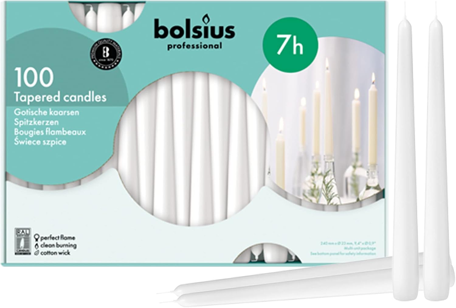 BOLSIUS White Taper Candles 100 Count Bulk Pack - 10 Inch Dinner Candle Set - 7+ Burn Hours - Premium European Quality - Smooth Flame - 100% Cotton Wick - Smokeless & Dripless Household Candlesticks