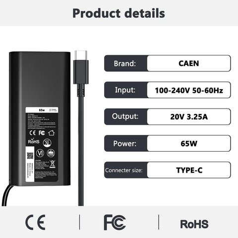 65W 45W USB-C Laptop Charger for Dell Latitude 5530 5420 5430 5520 5540 7430 7420 7440 7340 7530 7330 7320 XPS 13 9250 9360 9365 9370 9380 9350 9550 Adapter Power Cord