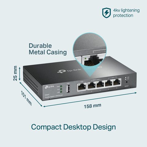 TP-Link ER605 V2 Wired Gigabit VPN Router | Up to 3 WAN Ethernet Ports + 1 USB WAN | SPI Firewall SMB Router | Omada SDN Integrated | Load Balance | Lightning Protection