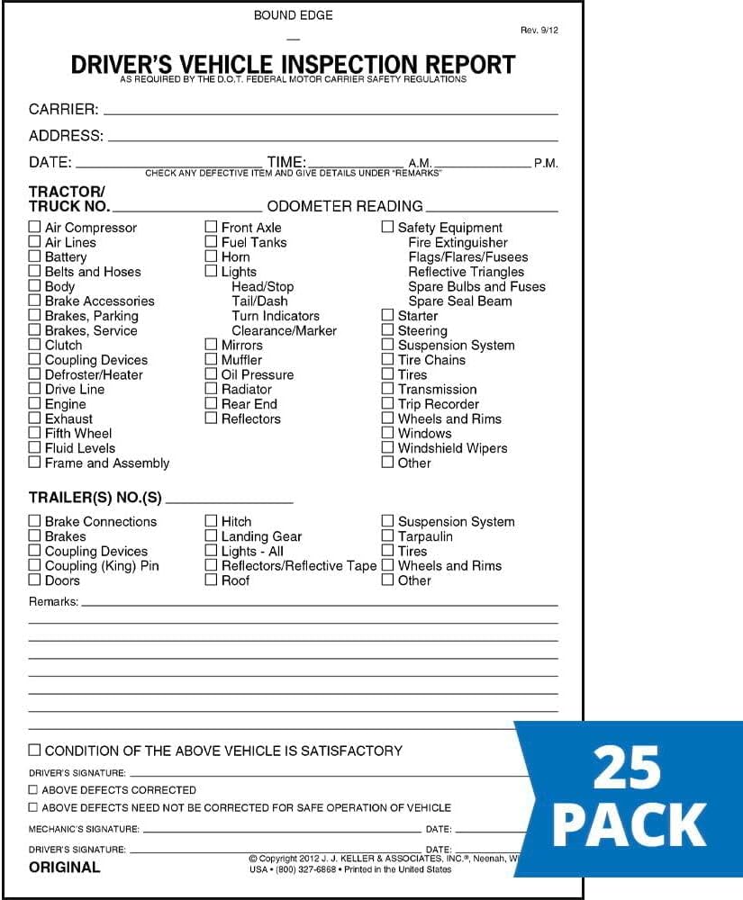 J. J. Keller Detailed Driver's Vehicle Inspection Report Book, 25 Pack