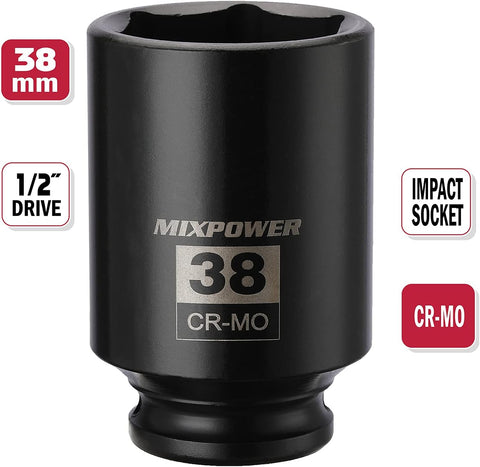 MIXPOWER 1/2" Drive Deep Impact Socket, CR-MO, 38mm, 6 Point, Axle Nut Impact Grade Socket for Easy Removal
