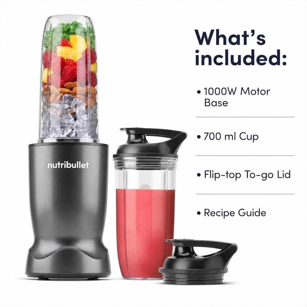 nutribullet Turbo Personal Blender, Shakes, Smoothies, Food Prep, and Frozen Blending, 32 Ounce Cup, 24 Ounce Cup, (2) Flip-top Travel To-Go Lids, 1000 Watt, Gunmetal, NB50400