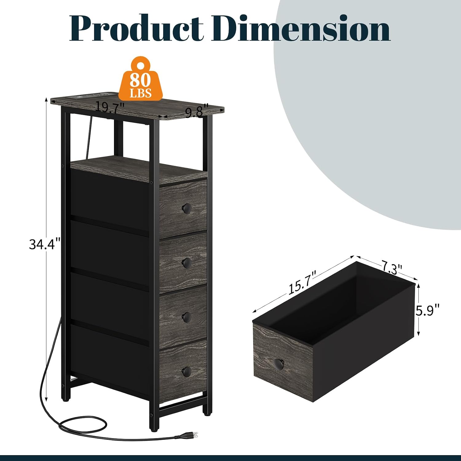 Yoobure Narrow Nightstand with Charging Station, LED Tall Narrow Side Table