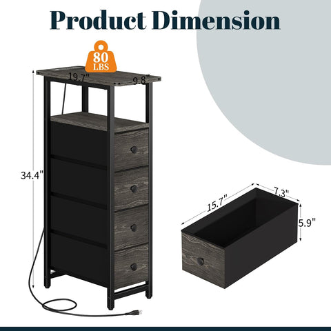 Yoobure Narrow Nightstand with Charging Station, LED Tall Narrow Side Table
