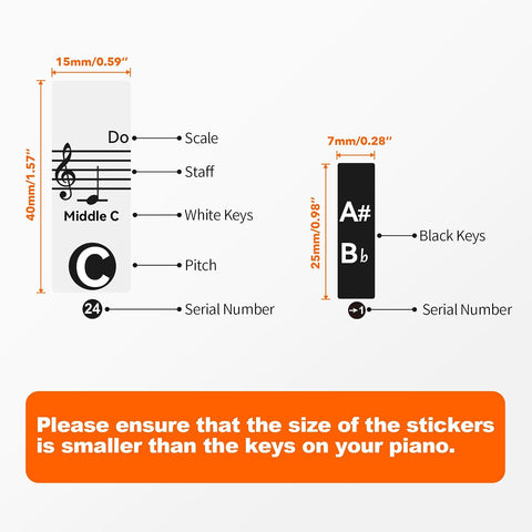 2 Sheets Piano Keyboard Stickers for 88/76/61/54/49 Keys, Transparent and Removable Piano Stickers for Beginners and Kids, Keyboard Letters Labels Notes Guide (Black)