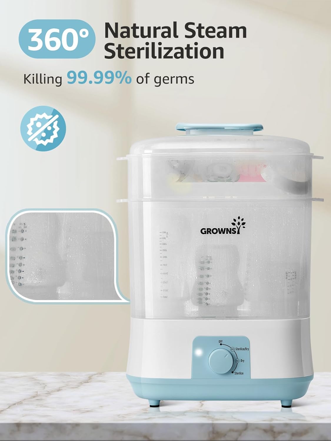 Grownsy 4-in-1 Large Capacity Baby Bottle Sterilizer and Dryer, Blue