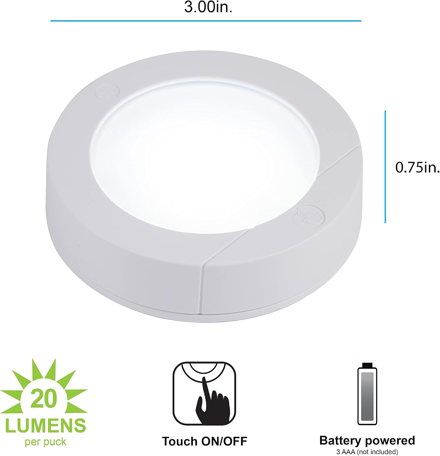 GE Battery Powered Puck Lights, Touch On/Off, 20 Lumens, 4 Pack