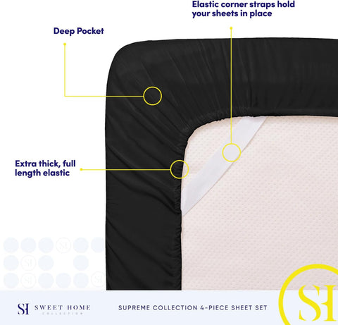 King Size Sheets - Breathable Luxury Bed Sheets with Full Elastic & Secure Corner Straps Built In - 1800 Supreme Collection Extra Soft Deep Pocket Bedding Set, Sheet Set, King, Black