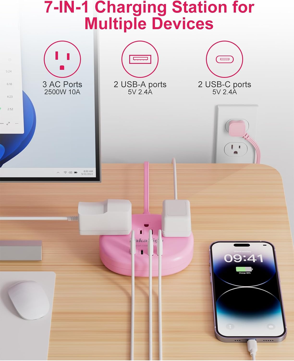 Pink Extension Cord with USB C - 5 FT Kawaii Power Strip