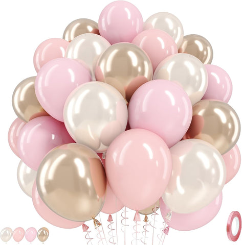 Pink and Gold Balloons, 12 Inch Pastel Light Pink and Pearl Sand White Latex Balloon with Metallic Champagne Gold Beige Balloon for Boho Princess Women Birthday Baby Bridal Shower Wedding Engagement
