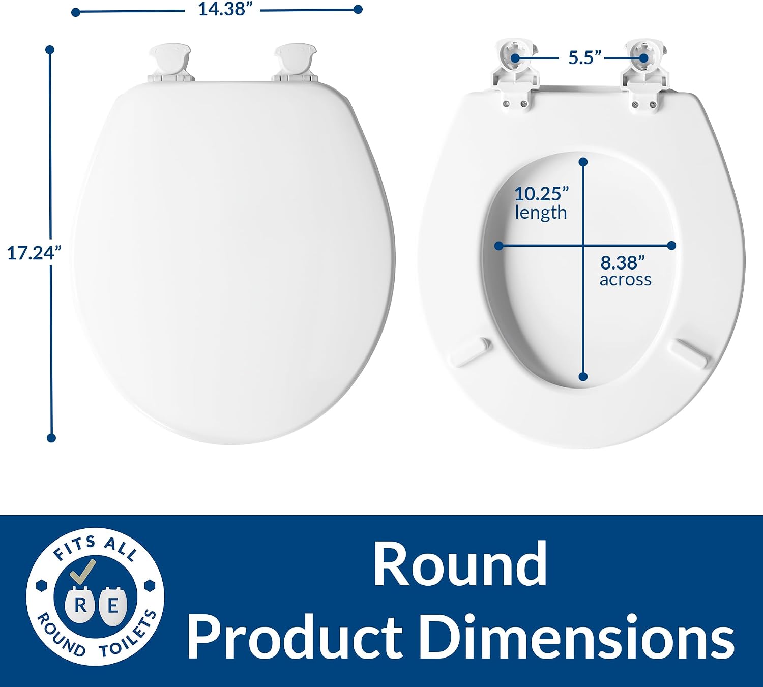 CHURCH Toilet Seat, Easy Clean Hinges Release for Deep Cleans, Durable Enameled Wood Seat, Round, White
