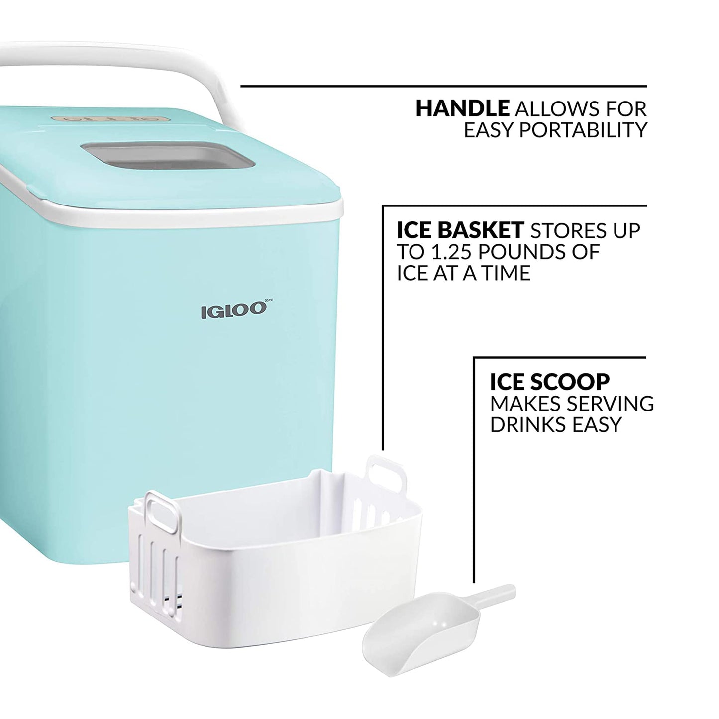 Igloo ICEB26HNAQ Automatic Self-Cleaning Portable Electric Countertop Ice Maker Machine With Handle, 26 Pounds in 24 Hours, 9 Ice Cubes Ready in 7 minutes, With Ice Scoop and Basket, Aqua